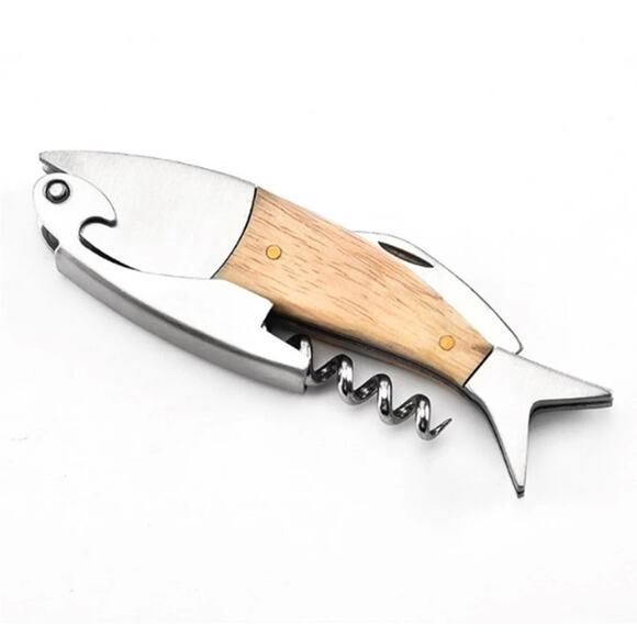 NEW Fish shaped double hinged wood corkscrew fish wine cork key opener gift B194 - Picture 4 of 5